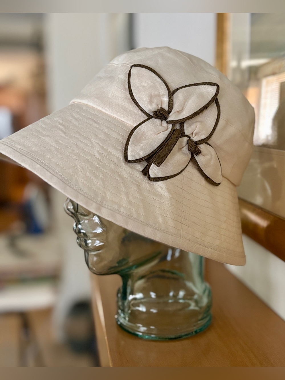 Siggi - Ladies 100% Flax Cloche Bucket Sun Hat with Decorative Flower Trim